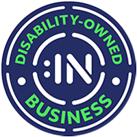 [Veteran or Service-Disabled Veteran] Disability-Owned Business circular certification badge with text shown in circular orientation and with Disability:IN icon logo in center